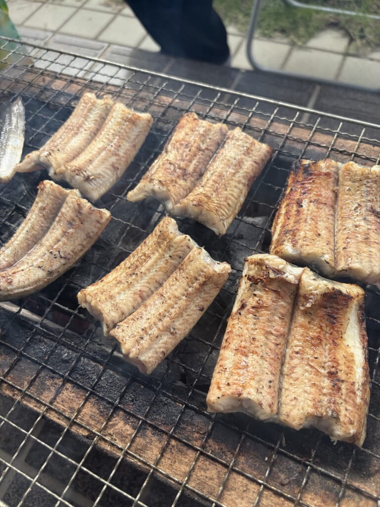 七輪で焼いて香ばしい焼き色がついたウナギ